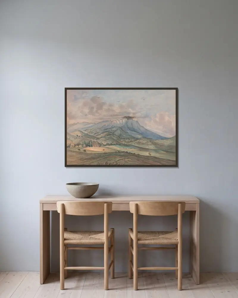 Foten av Tamel Pais (eller Table Mountain) med änkan Reeds ranch nära San Francisco Bay, Kalifornien av James Madison Alden inramad på en vägg
