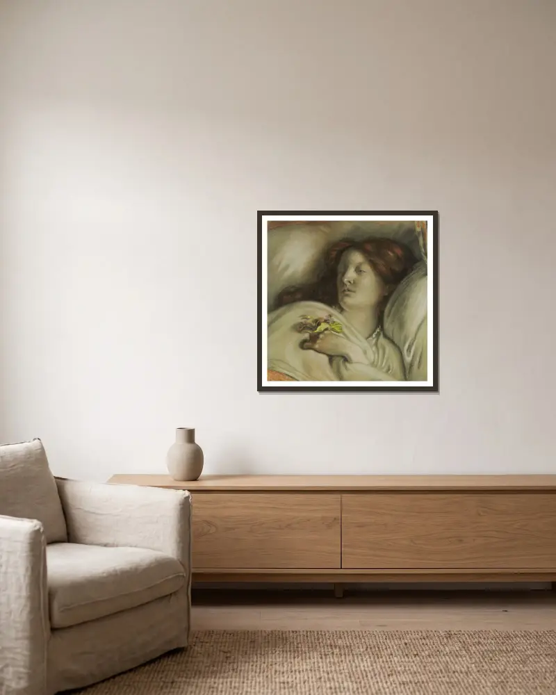 Konvalescent – Porträtt av Emma Madox Brown av Ford Madox Brown inramad på en vägg