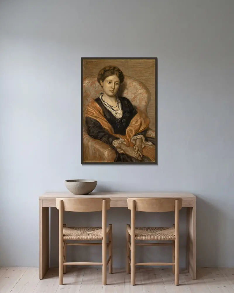 Porträtt av miss Iza Duffus Hardy av Ford Madox Brown inramad på en vägg