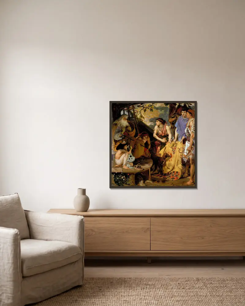 Kappan med många färger av Ford Madox Brown inramad på en vägg