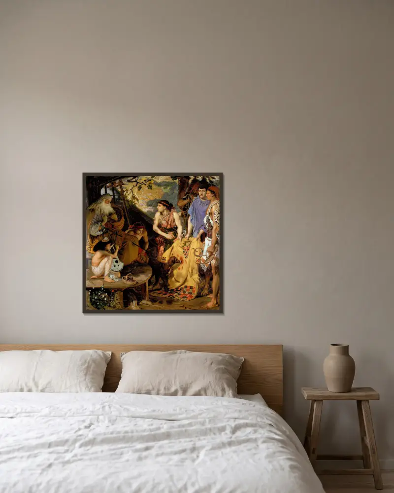 Kappan med många färger av Ford Madox Brown inramad på en vägg