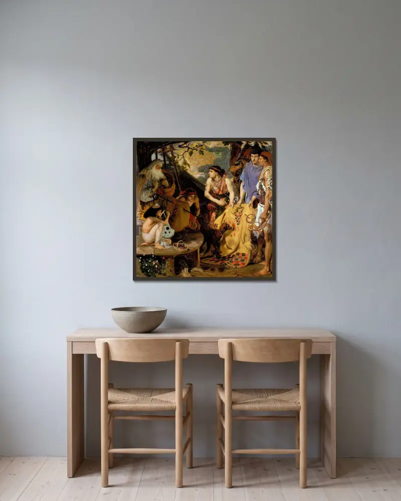 Kappan med många färger av Ford Madox Brown inramad på en vägg