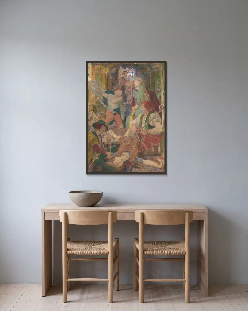 Fången i Chillon bönfaller sina fångvaktare att begrava hans bror där solen kan lysa på hans grav av Ford Madox Brown inramad på en vägg