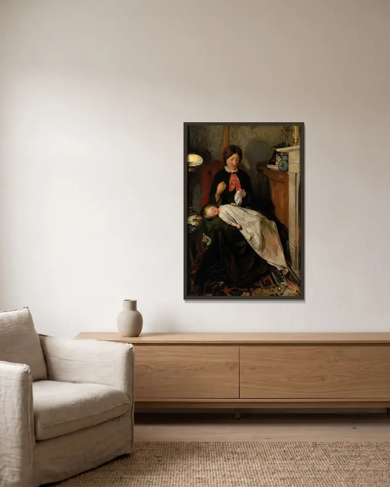Väntan – en engelsk härd 1854–55 av Ford Madox Brown inramad på en vägg