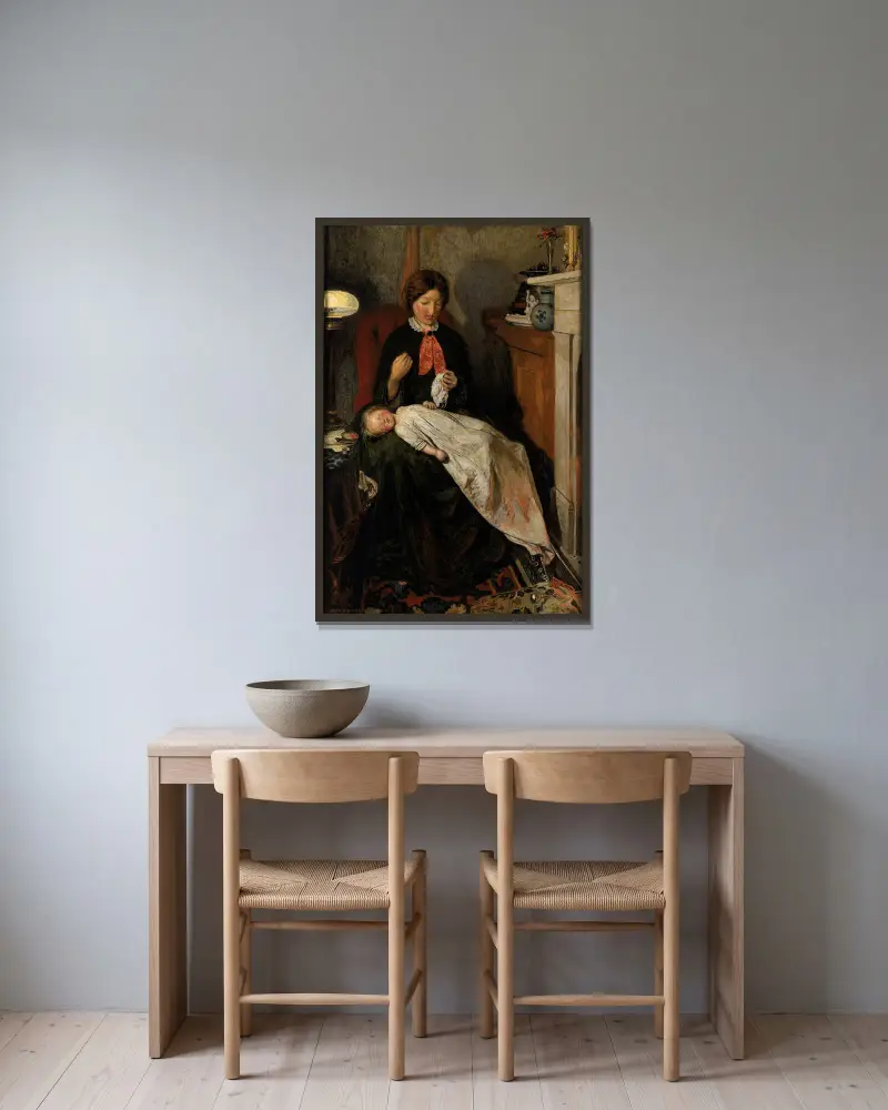 Väntan – en engelsk härd 1854–55 av Ford Madox Brown inramad på en vägg