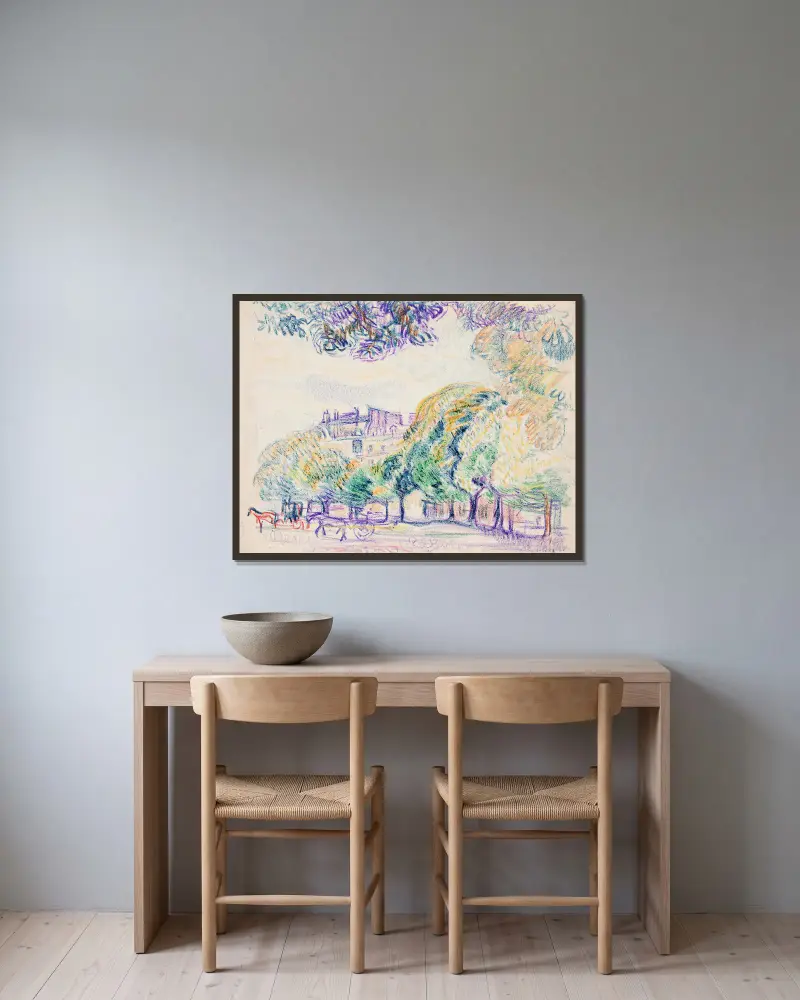 Stadsvy, park, droskor av Magnus Enckell inramad på en vägg