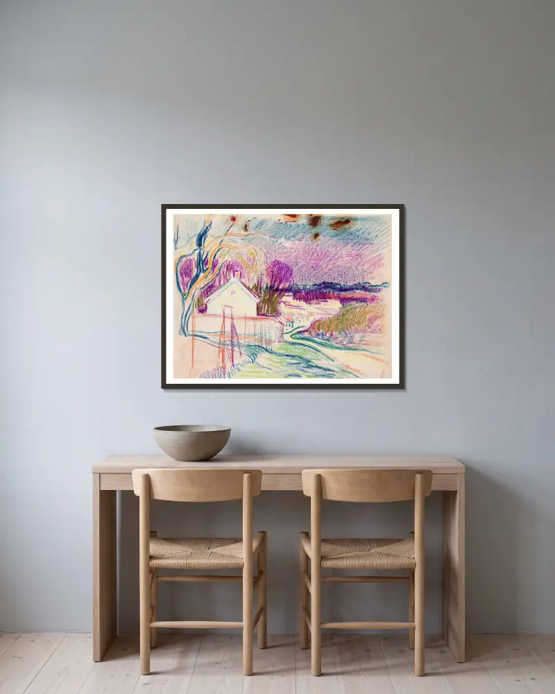 Maisema, tie, taloja av Magnus Enckell inramad på en vägg