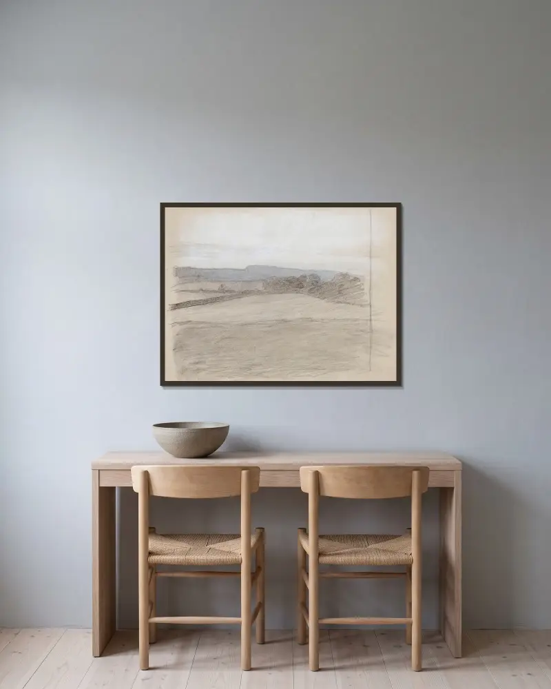 Maisemaluonnos av Magnus Enckell inramad på en vägg