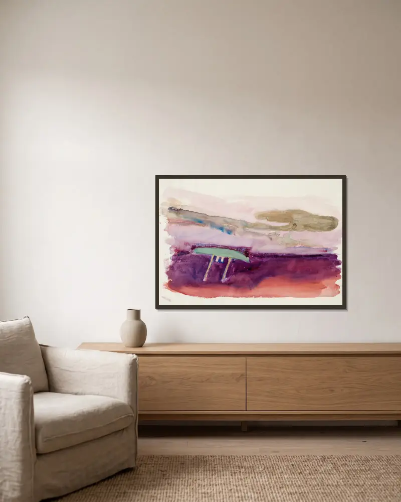 Havslandskap med tvåmastad segelbåt av Magnus Enckell inramad på en vägg