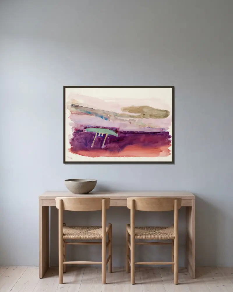 Havslandskap med tvåmastad segelbåt av Magnus Enckell inramad på en vägg