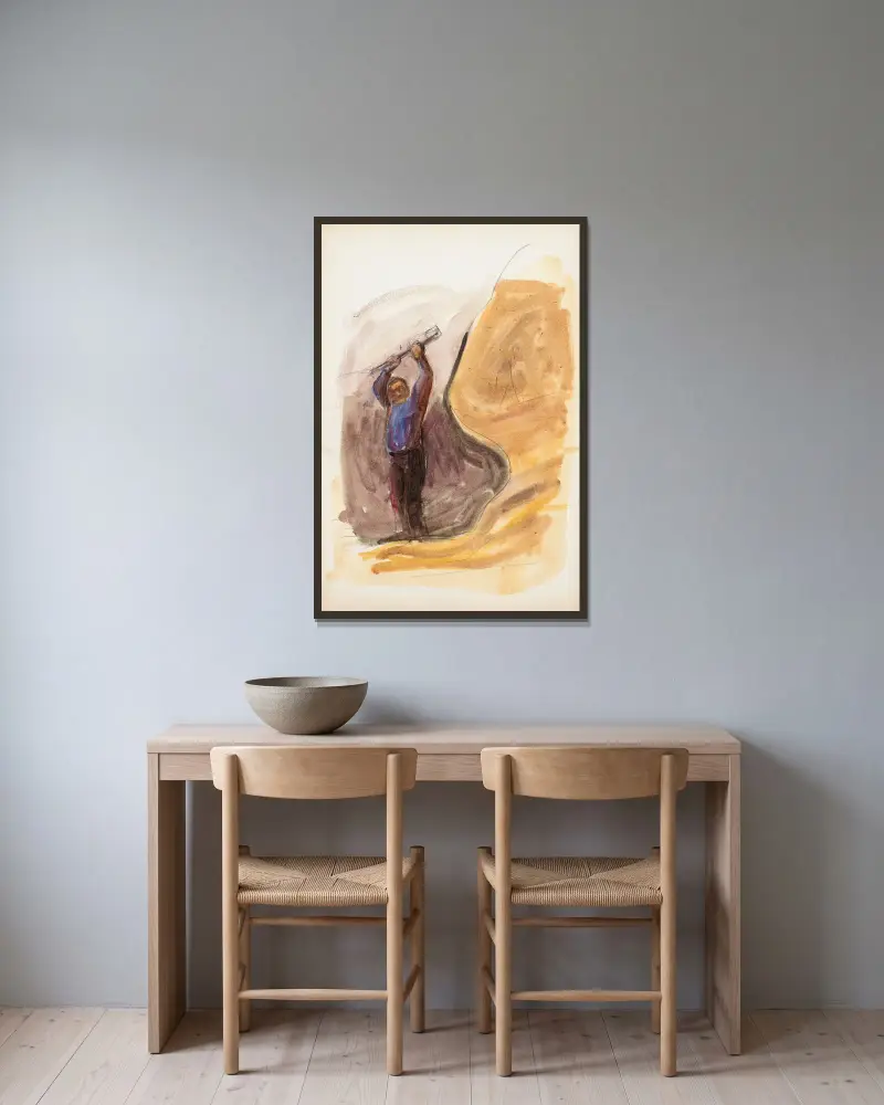 Mies ja tanko, luonnos av Magnus Enckell inramad på en vägg