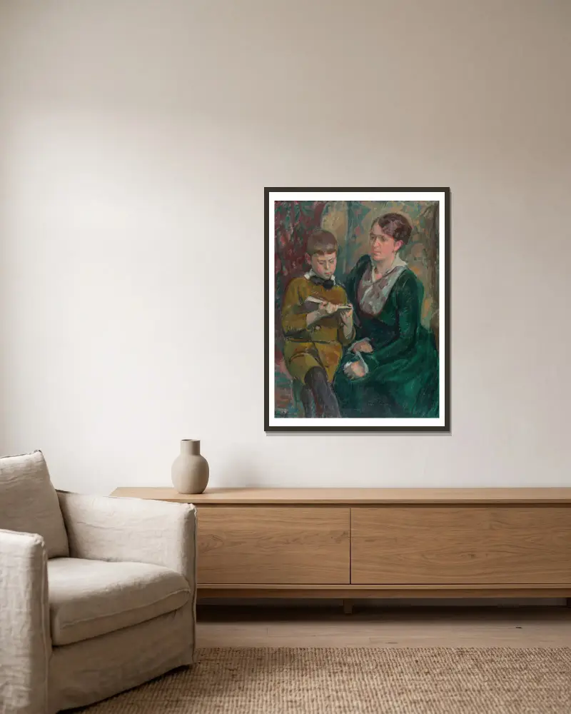 Fru Esther Cederhvarf med sin son av Magnus Enckell inramad på en vägg