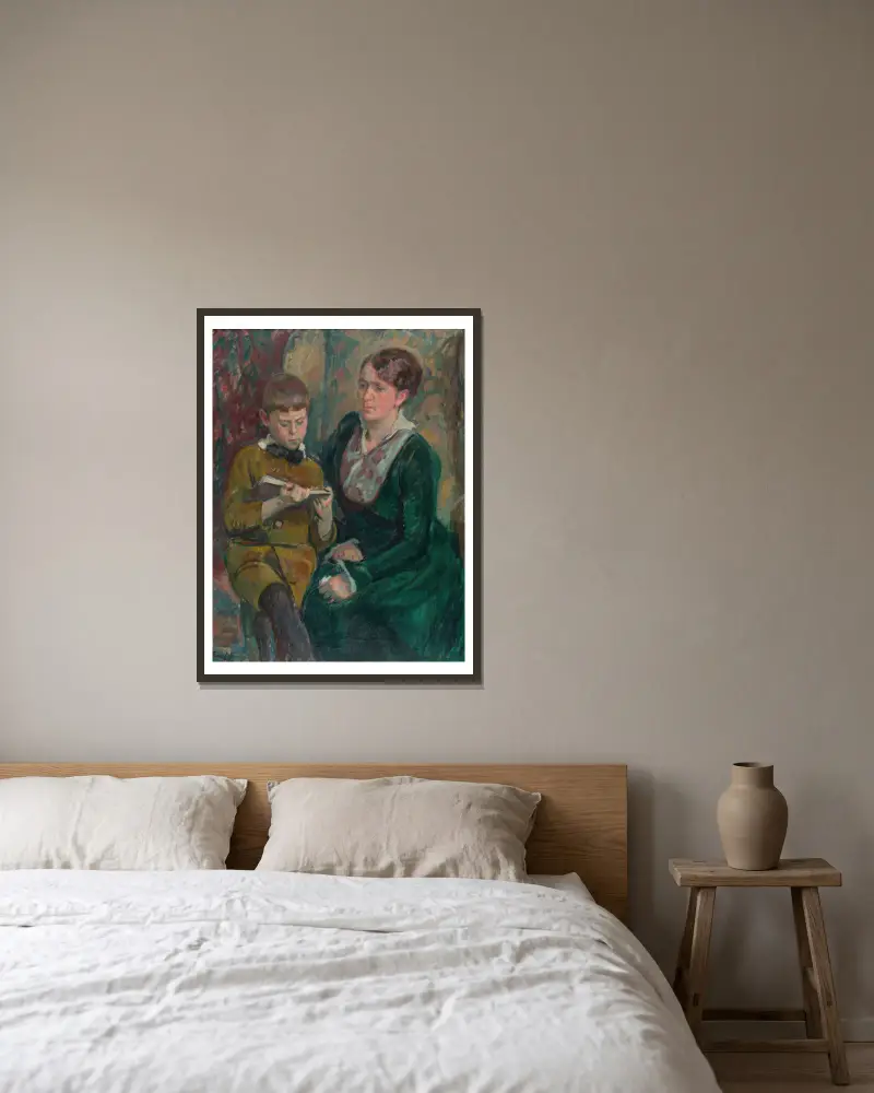 Fru Esther Cederhvarf med sin son av Magnus Enckell inramad på en vägg