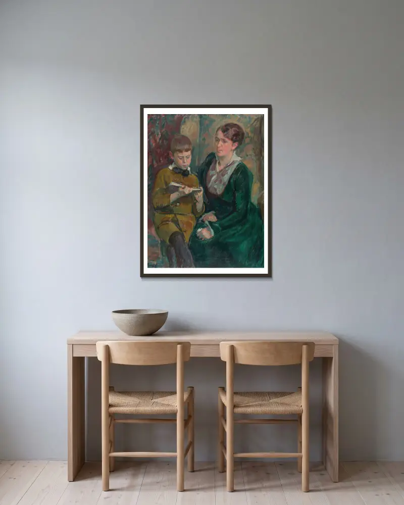 Fru Esther Cederhvarf med sin son av Magnus Enckell inramad på en vägg