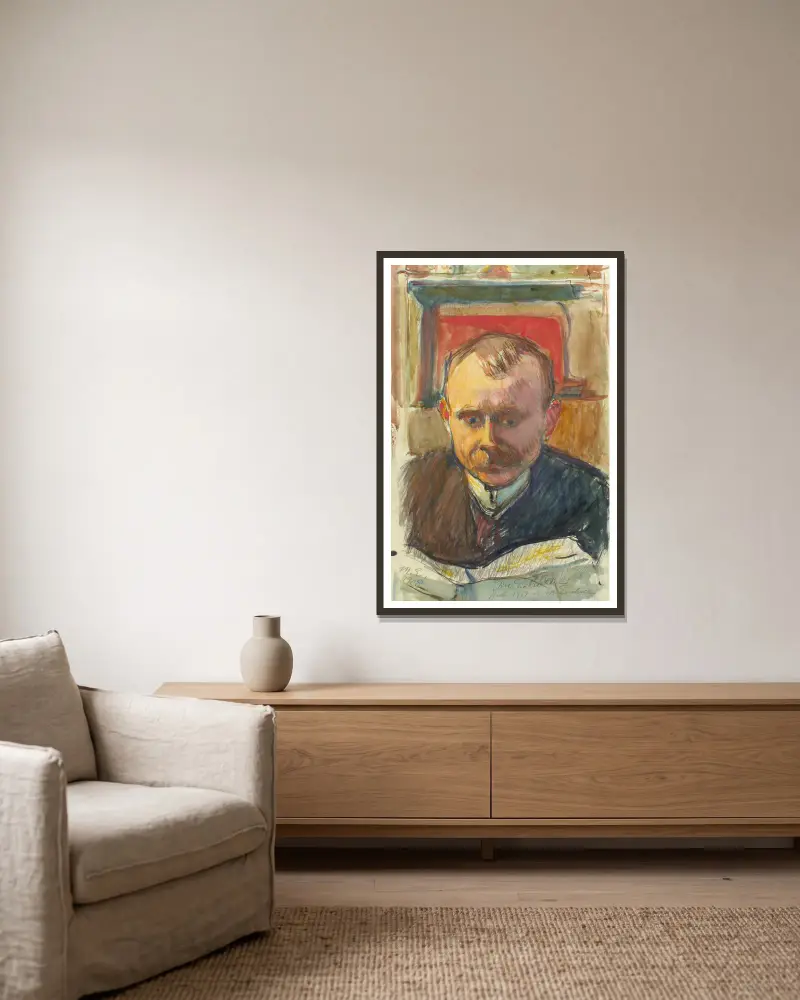 Porträtt av Edvard Richter av Magnus Enckell inramad på en vägg