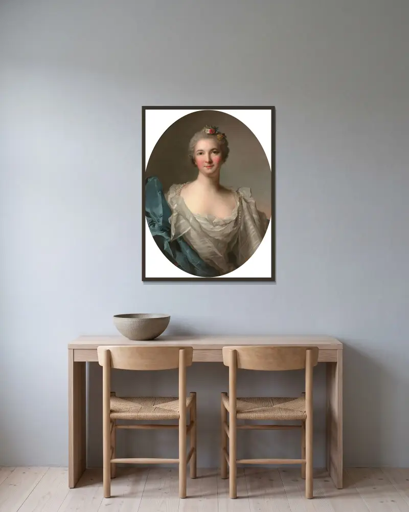 Portrait d’une dame de qualité à la robe blanche et au drapé bleu av Jean-Marc Nattier inramad på en vägg