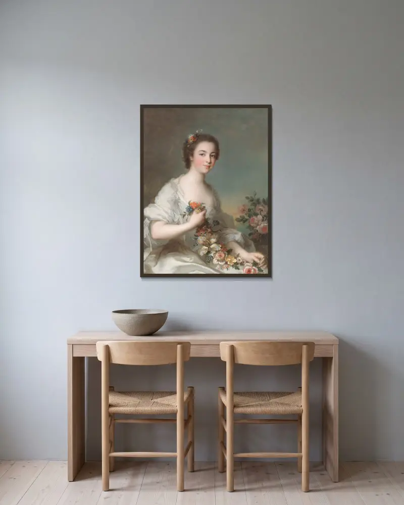 Porträtt av en dam, 1738 av Jean-Marc Nattier inramad på en vägg