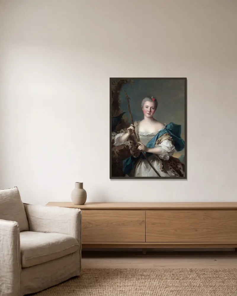 Porträtt av en kvinna som Diana av Jean-Marc Nattier inramad på en vägg