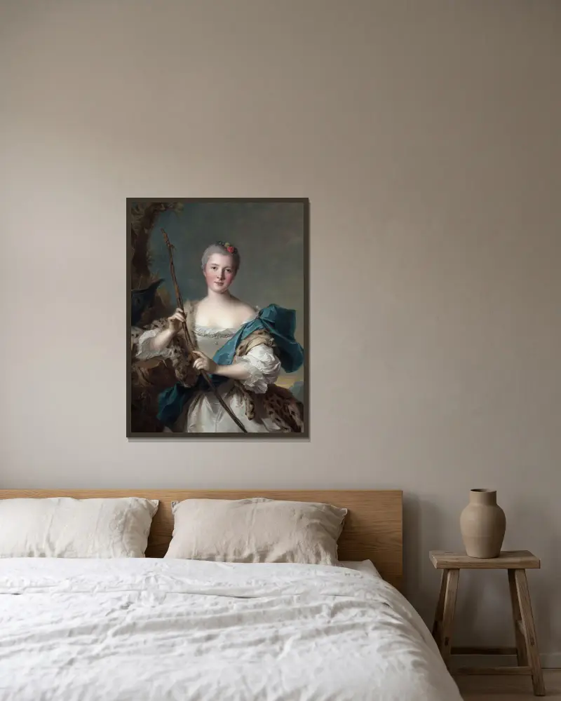 Porträtt av en kvinna som Diana av Jean-Marc Nattier inramad på en vägg