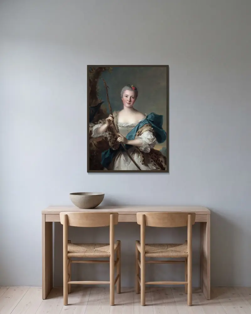 Porträtt av en kvinna som Diana av Jean-Marc Nattier inramad på en vägg