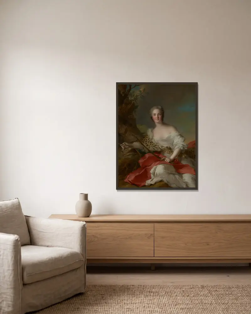 Porträtt av Constance-Gabrielle-Magdeleine Bonnier de la Mosson som Diana av Jean-Marc Nattier inramad på en vägg
