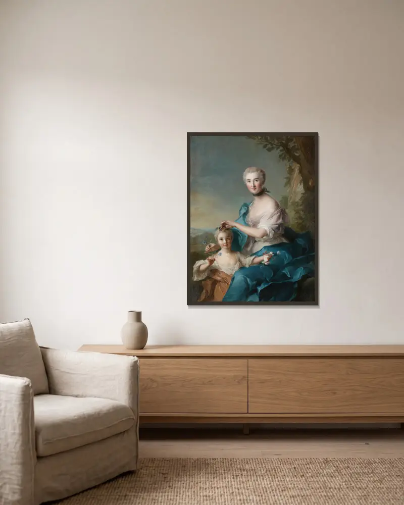 Porträtt av Madame Crozat de Thiers och hennes dotter av Jean-Marc Nattier inramad på en vägg