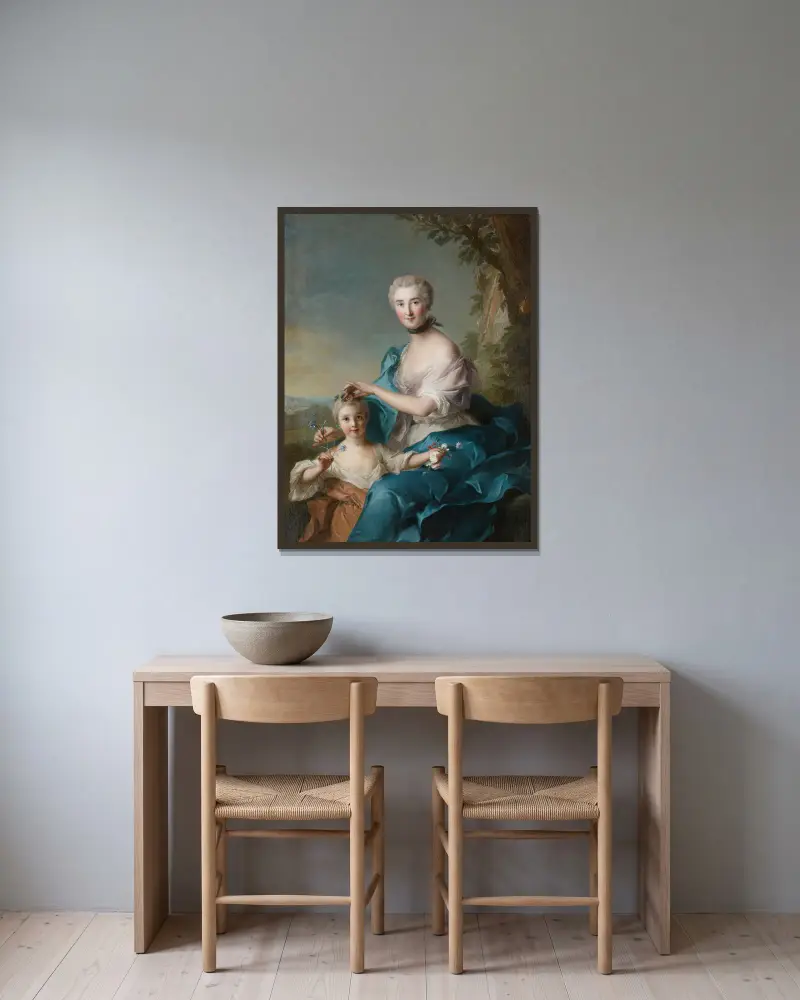 Porträtt av Madame Crozat de Thiers och hennes dotter av Jean-Marc Nattier inramad på en vägg