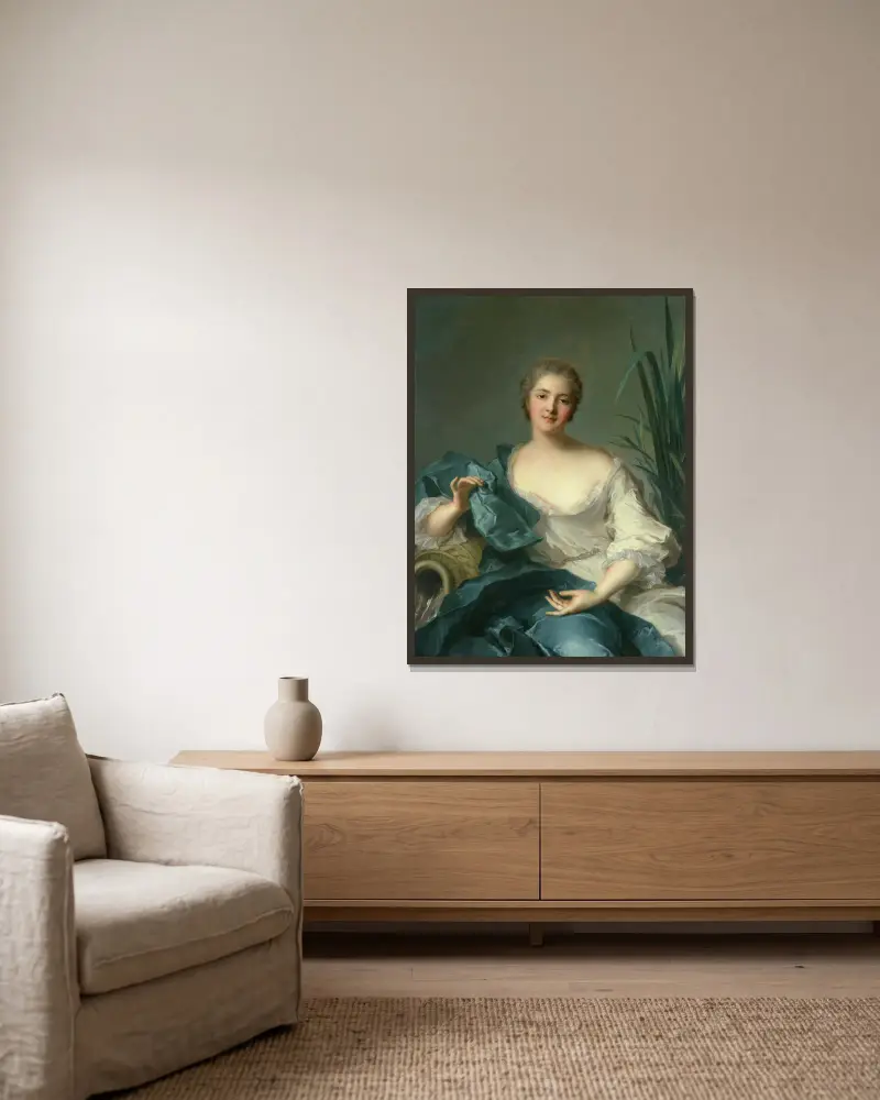 Porträtt av Madame Marie-Henriette Berthelot de Pléneuf av Jean-Marc Nattier inramad på en vägg