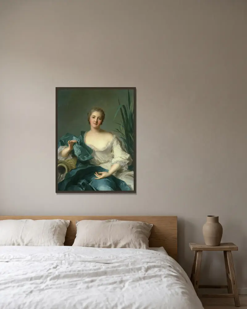 Porträtt av Madame Marie-Henriette Berthelot de Pléneuf av Jean-Marc Nattier inramad på en vägg