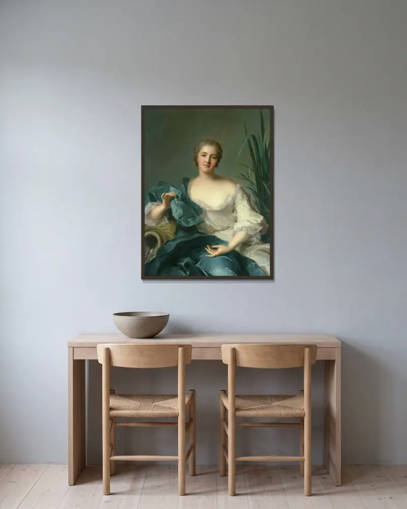 Porträtt av Madame Marie-Henriette Berthelot de Pléneuf av Jean-Marc Nattier inramad på en vägg