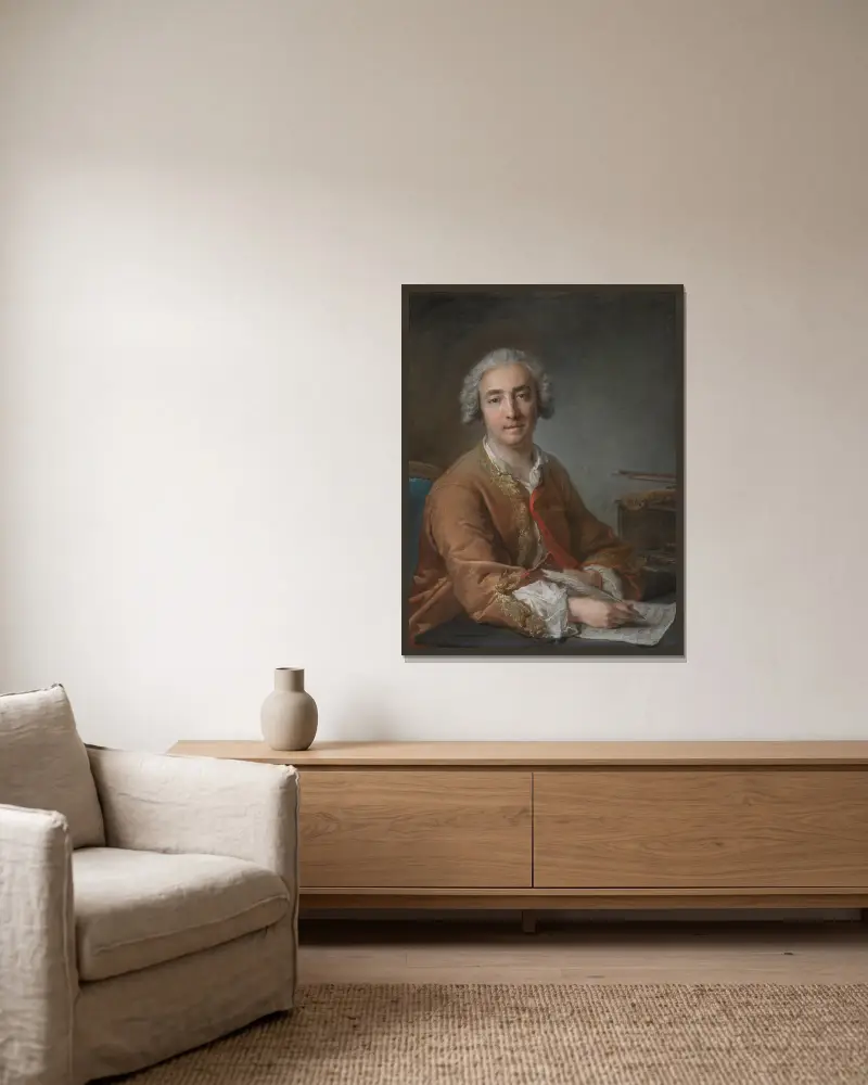 Portrait of the composer Joseph-Nicolas-Pancrace Royer av Jean-Marc Nattier inramad på en vägg