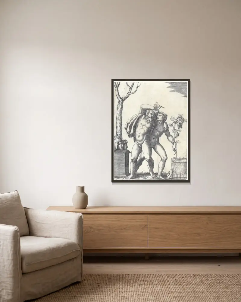 A Young and an Old Bacchant av Marcantonio Raimondi inramad på en vägg
