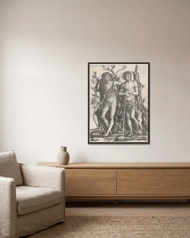 Apoll und Hyakinthos von Marcantonio Raimondi gerahmt an einer Wand