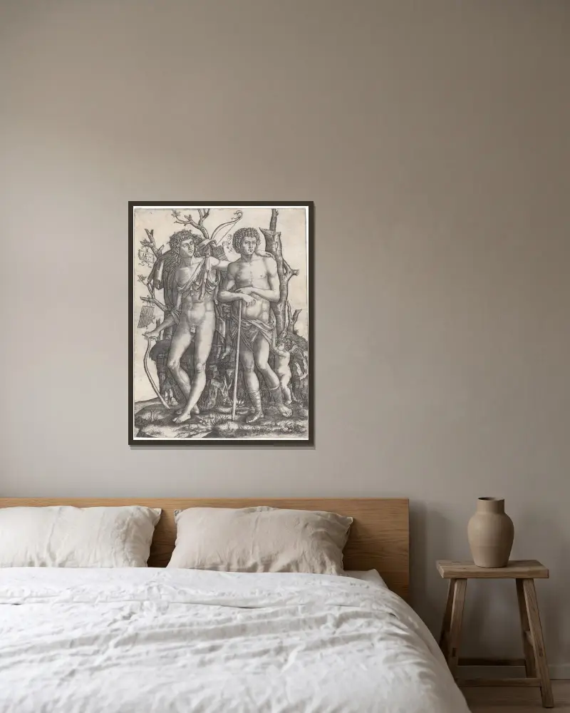 Apoll und Hyakinthos von Marcantonio Raimondi gerahmt an einer Wand