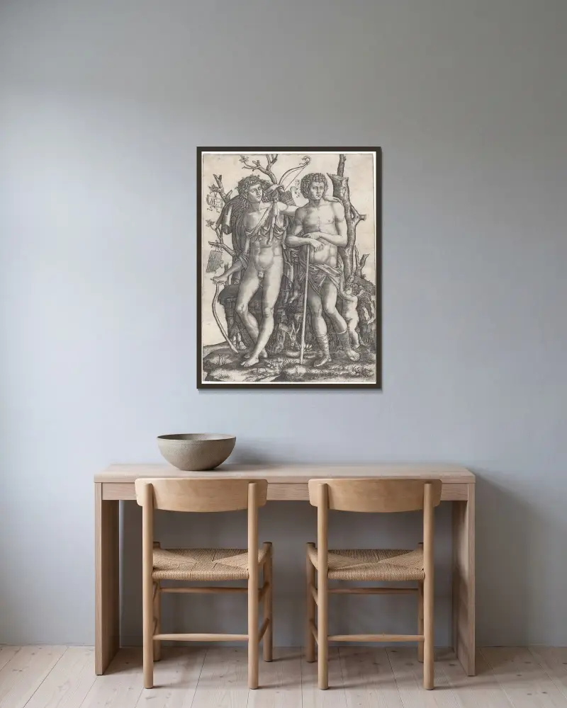 Apoll und Hyakinthos von Marcantonio Raimondi gerahmt an einer Wand