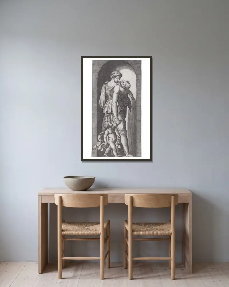 Charity av Marcantonio Raimondi inramad på en vägg