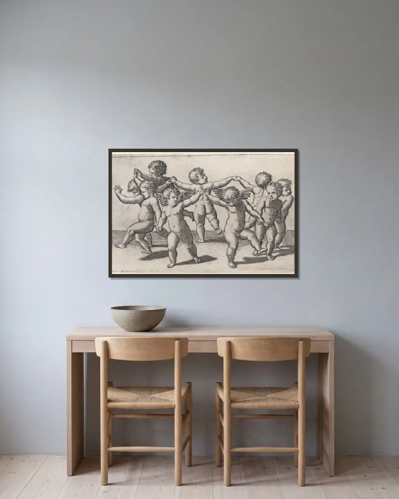 Dance of Cupids av Marcantonio Raimondi inramad på en vägg