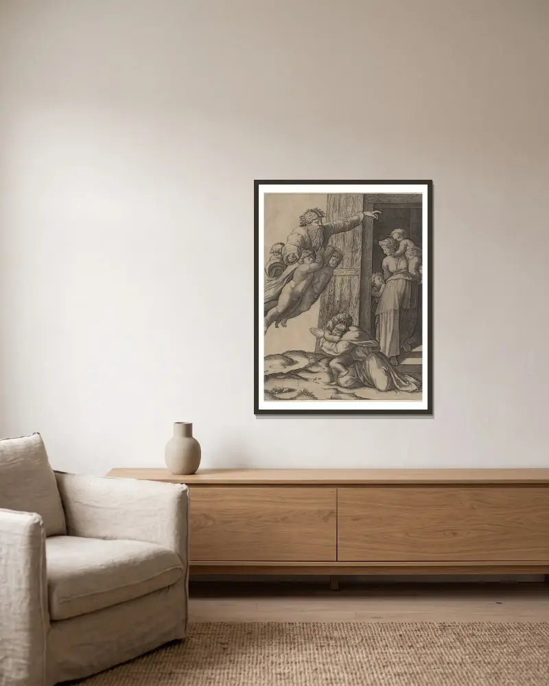 God Appearing to Noah av Marcantonio Raimondi inramad på en vägg