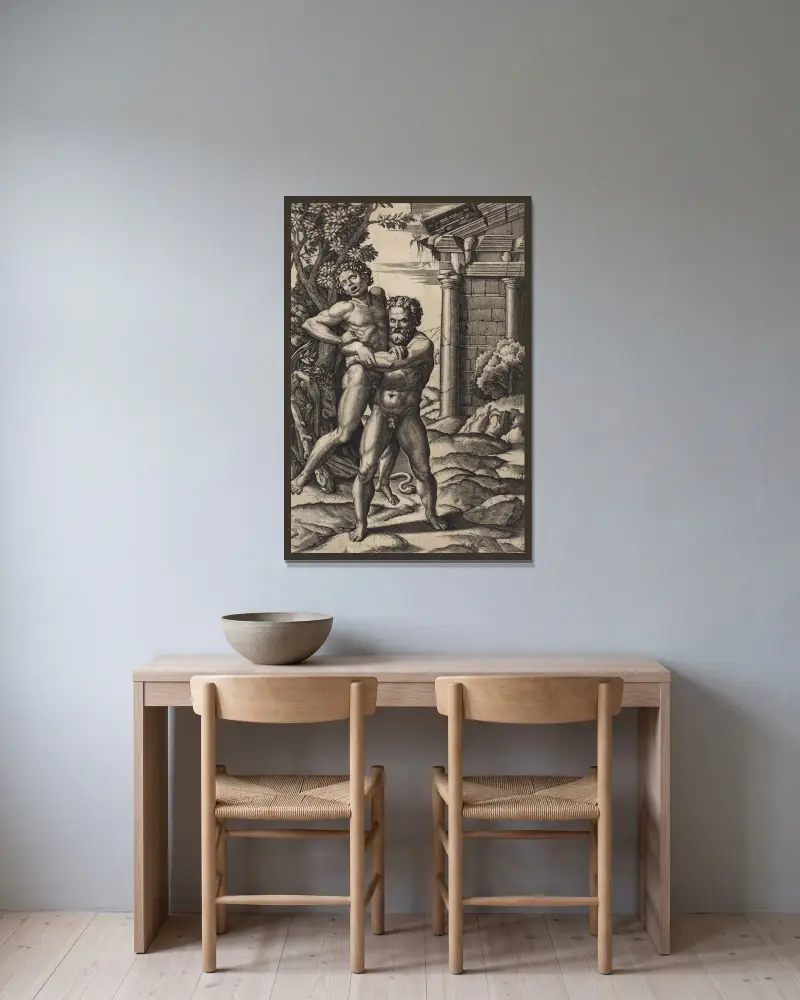 Herkules och Antaios av Marcantonio Raimondi inramad på en vägg