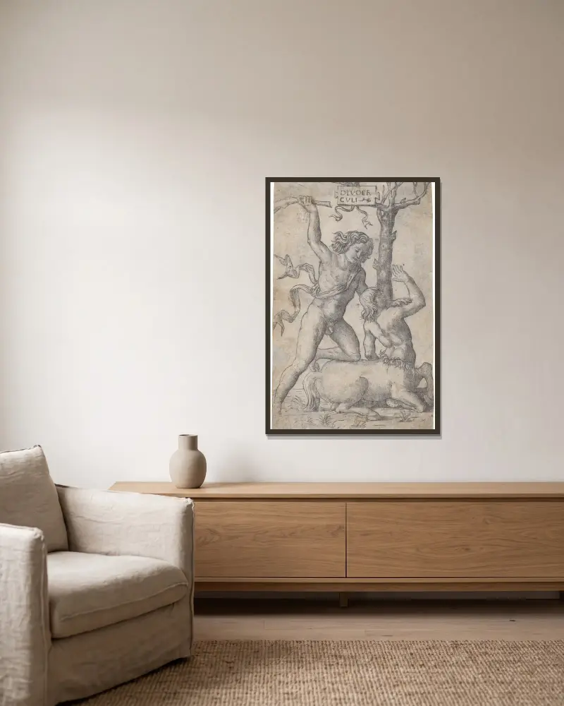 Hercules and Nessus av Marcantonio Raimondi inramad på en vägg