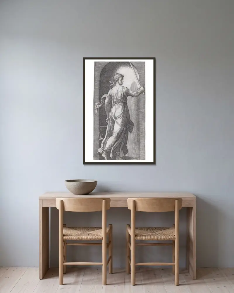 Gerechtigkeit von Marcantonio Raimondi gerahmt an einer Wand