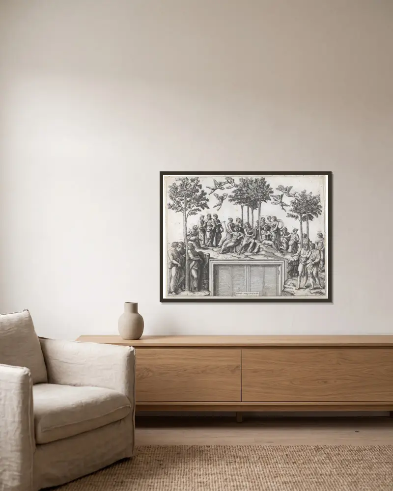 Parnass von Marcantonio Raimondi gerahmt an einer Wand