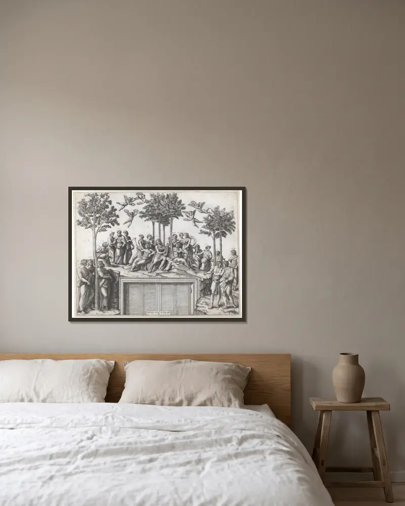 Parnass von Marcantonio Raimondi gerahmt an einer Wand