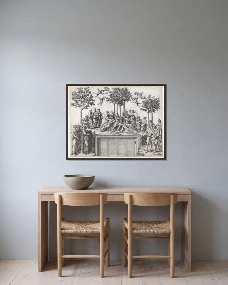 Parnass von Marcantonio Raimondi gerahmt an einer Wand