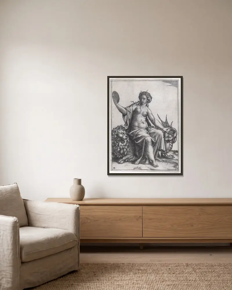 Klugheit, 1513 von Marcantonio Raimondi gerahmt an einer Wand