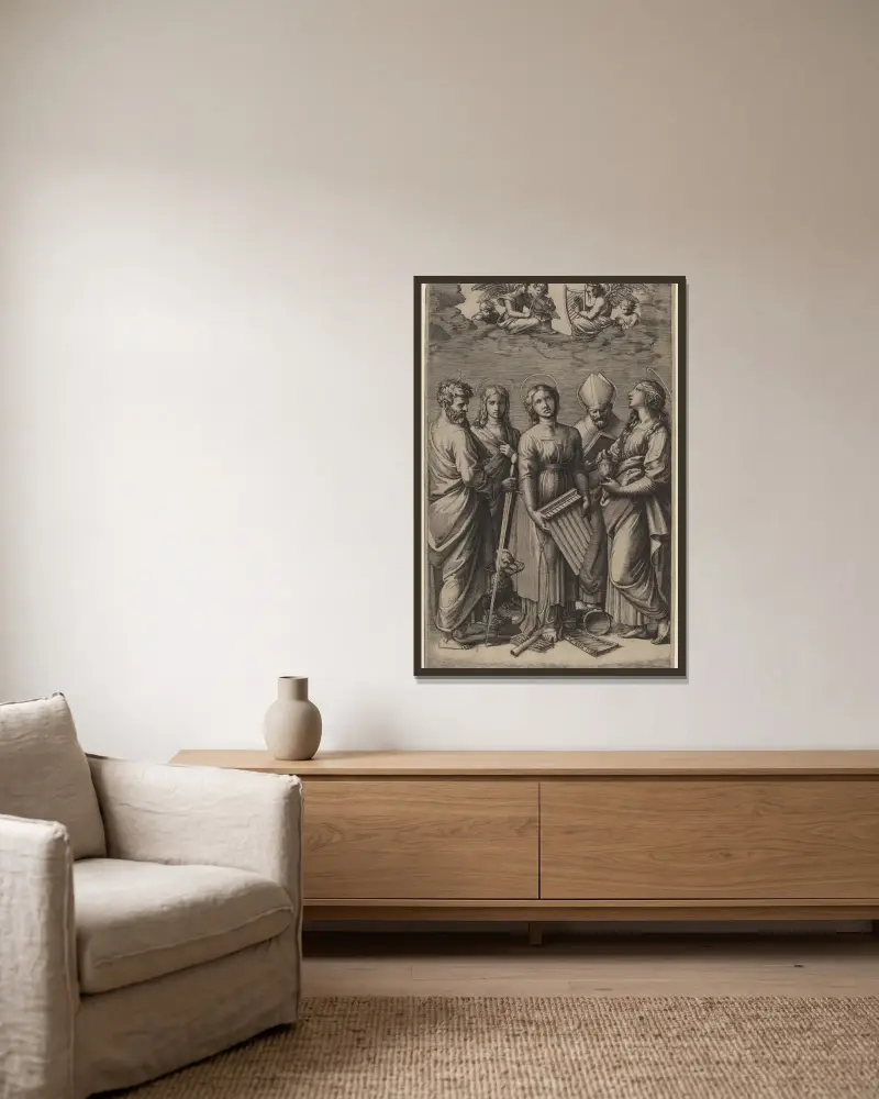 Saint Cecilia av Marcantonio Raimondi inramad på en vägg