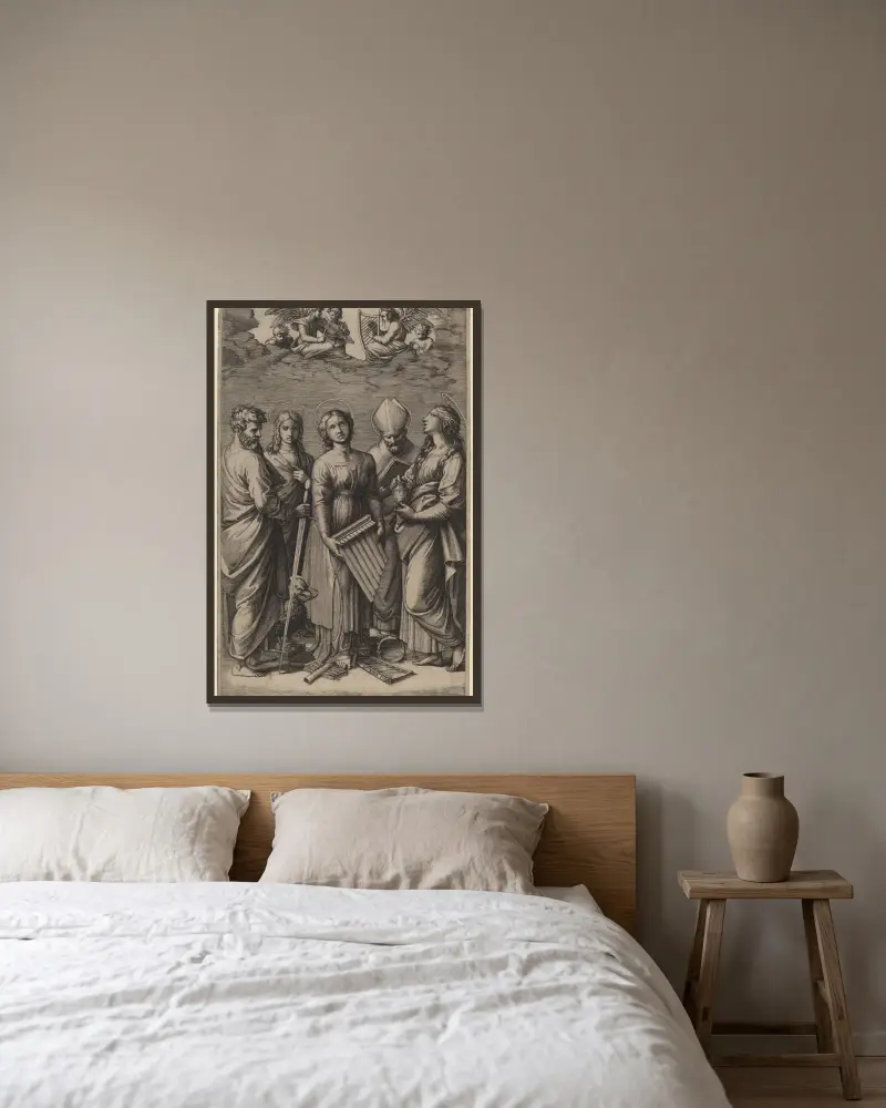 Saint Cecilia av Marcantonio Raimondi inramad på en vägg