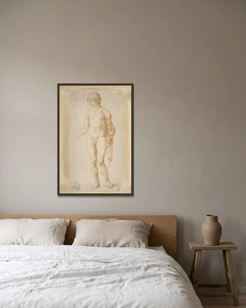 Standing Male Nude av Marcantonio Raimondi inramad på en vägg