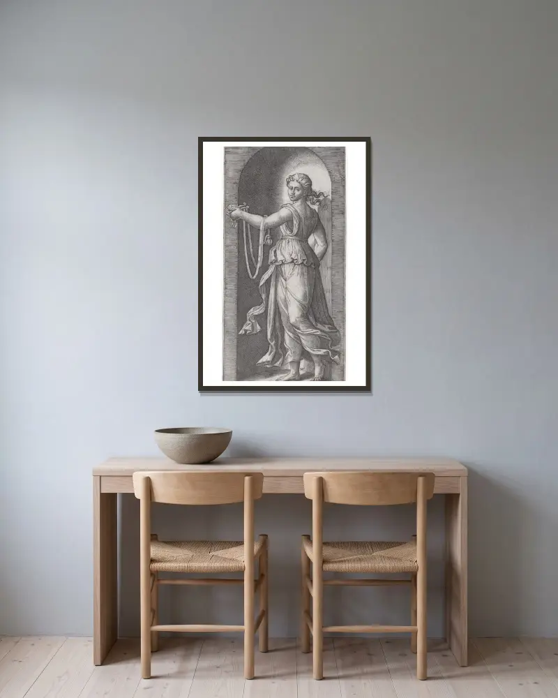 Temperantia von Marcantonio Raimondi gerahmt an einer Wand