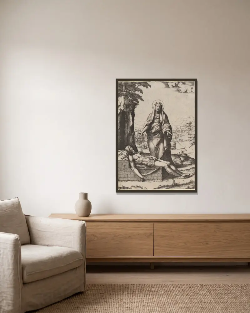Jungfruns klagan, 1510 – nr 1 av Marcantonio Raimondi inramad på en vägg